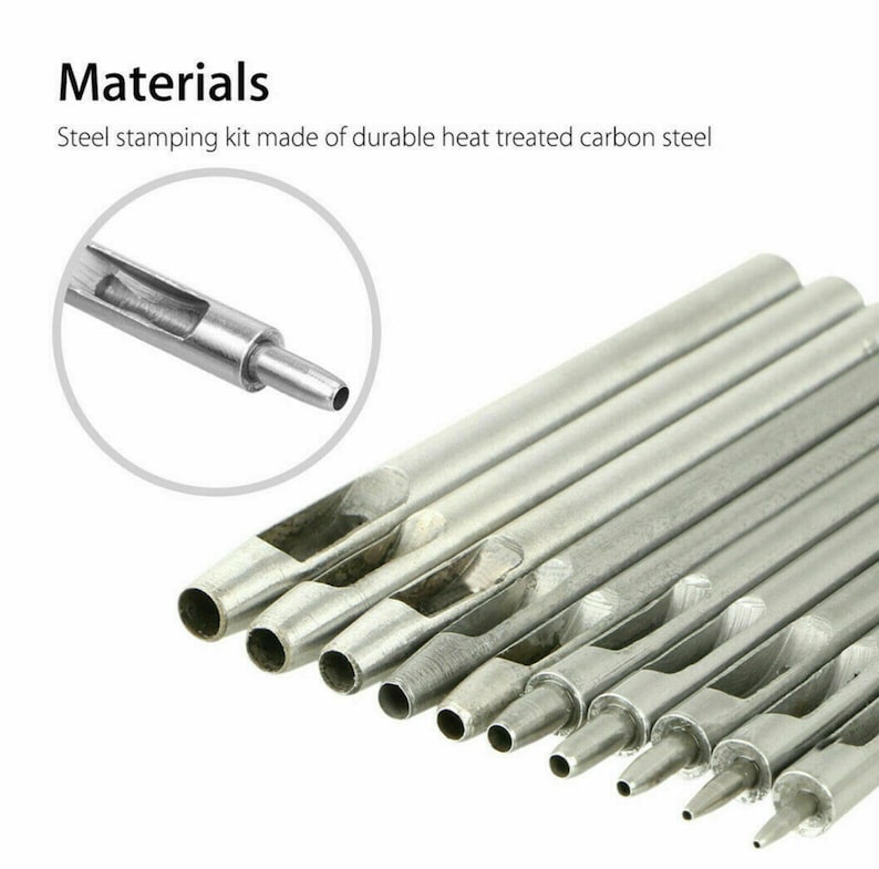 May include: A set of 10 silver metal hole punch tools with different sized holes. The tools are made of durable heat treated carbon steel.  Materials: Steel stamping kit made of durable heat treated carbon steel.