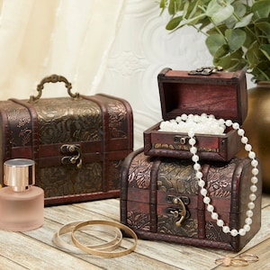 Set Of 3 Vintage Jewelry Storage Оrganizer Box Wooden Treasure Chest 3 Sizes Holder with Flower Motif for Keepsakes