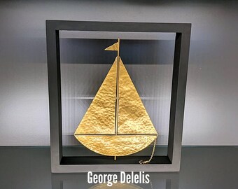 Bronze boat in a wooden frame. Bronze boat, gold painted boat, home decor, decoration,boat decorative.