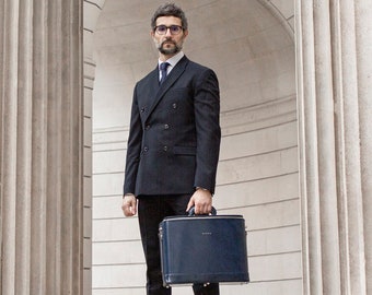 Navy Blue Italian Leather Laptop Bag