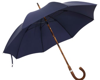 The London Umbrella - Solid Stick Chestnut Umbrella In French Navy