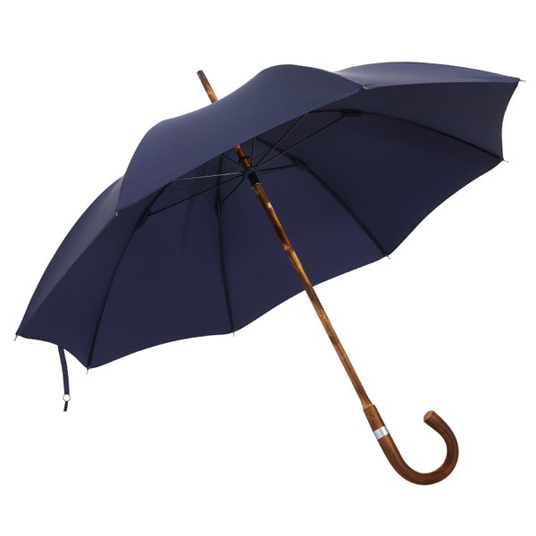 The London Umbrella - Solid Stick Chestnut Umbrella In French Navy