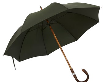 The London Umbrella - Solid Stick Chestnut Umbrella In Dark Green