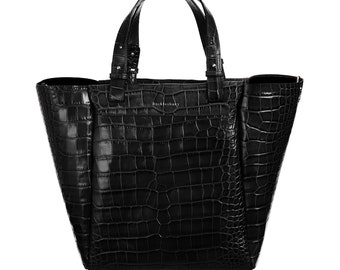 Black Croc-Embossed Italian Leather Tote with Gold Hardware