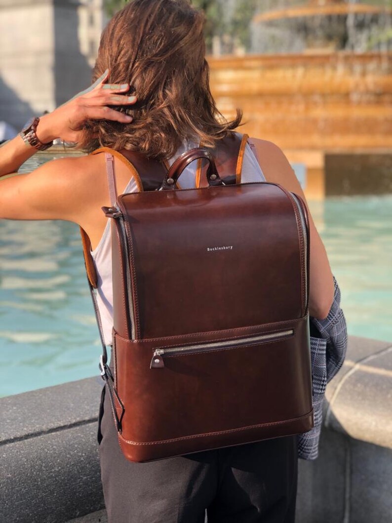 Handmade Italian Leather Laptop Backpack for Women and Men in Dark