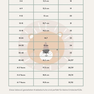 K&ouml;nnte beinhalten: Gr&ouml;&szlig;entabelle f&uuml;r Babyschuhe mit L&ouml;wen-Illustration. Die Tabelle listet Schuhgr&ouml;&szlig;en in Zentimetern auf, von 11,3 cm bis 19,8 cm, entsprechend den Altersgruppen von 2-6 Monaten bis 6-7 Jahren.
