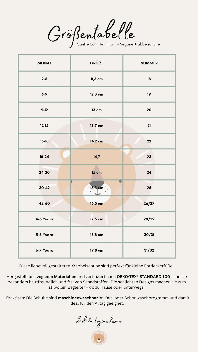 K&ouml;nnte beinhalten: Gr&ouml;&szlig;entabelle f&uuml;r Babyschuhe mit L&ouml;wen-Illustration. Die Tabelle listet Schuhgr&ouml;&szlig;en in Zentimetern auf, von 11,3 cm bis 19,8 cm, entsprechend den Altersgruppen von 2-6 Monaten bis 6-7 Jahren.