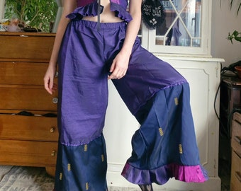 Dreamer Trousers in Navy and Aubergine Silk - sustainable handmade slow vintage
