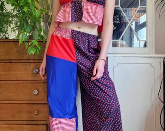 Dreamer Trousers in Strawberry Patchwork-sustainable reworked reclaimed handmade ethical