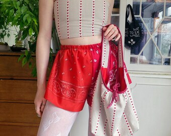 Sugar Shorts in Red Handkerchief- sustainable reclaimed slow handmade ethical reworked