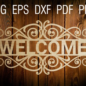 May include: A wooden welcome sign with a decorative scroll design. The sign is cut out and has a light brown color.