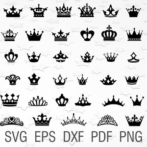 May include: A set of 30 black and white crown silhouette illustrations. The crowns are in various styles and designs. The illustrations are perfect for crafting, scrapbooking, and digital design projects.