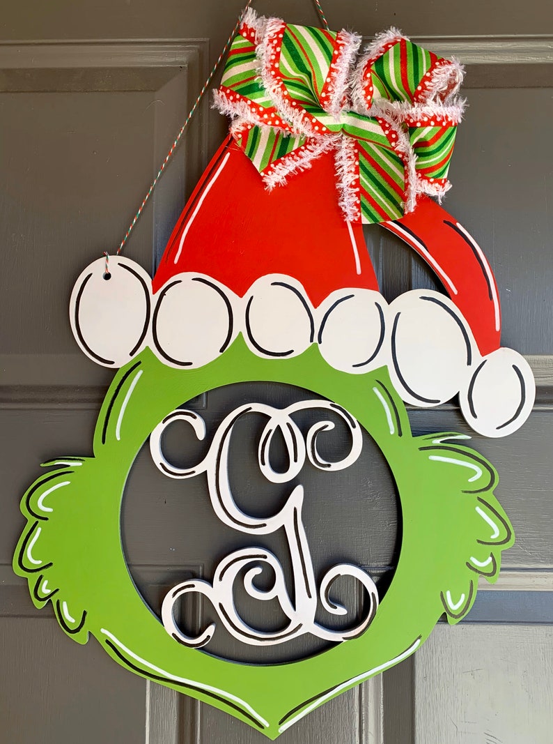 Grinch Monogram Grinch head Christmas Door Hanger Etsy