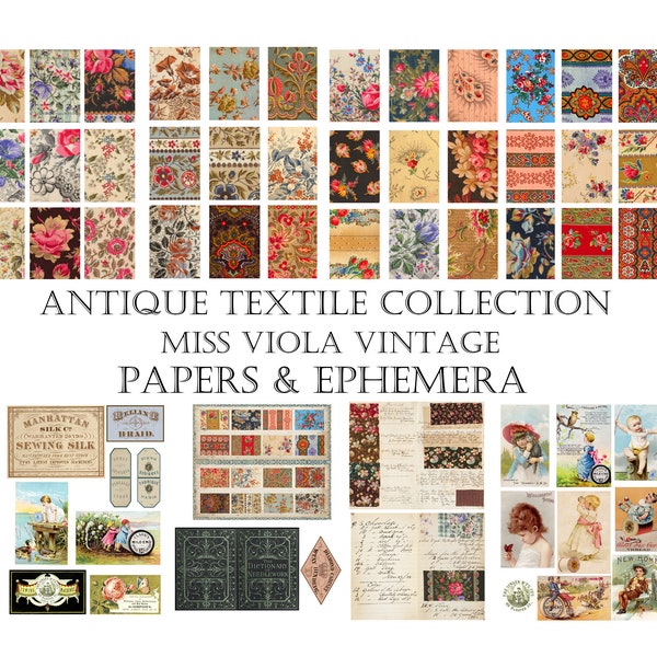 ANTIQUE TEXTILE COLLECTION Antique Fabric Samples, Sewing Trade Cards & Ephemera, Journal Pages, Labels, Journal, Collage Materials