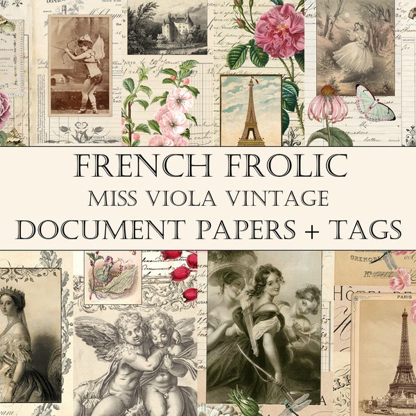 FRENCH FROLIC Dokumentenpapiere + Tags, French Digital, Junk Journal, Collage Papers, Junk Journal