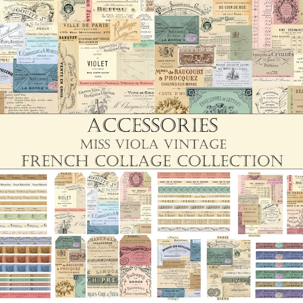 ACCESSORIES - French Collage Collection, French Ephemera, Collage Papers, Tags, File Folders, Typography, Washi Strips, Labels