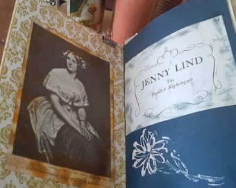 Junk Journal, Jeny Lind - The Swedish Nightingale, Handmade repurposed book. Including Clutch Style Journal with it.  Hidden compartments.