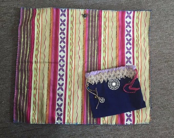 Handsewn Tarot Reading, Altar Cloth, with dragonfly & Bag – Multicolor Cotton, Blue Velvet Back