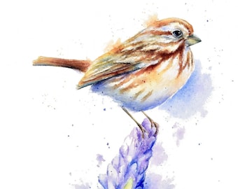 Sparrow Watercolor Print by Christy Barber | Bird and Wildflower Painting, Lupine Flower Wall Art, Mountain Cabin, Home Decor