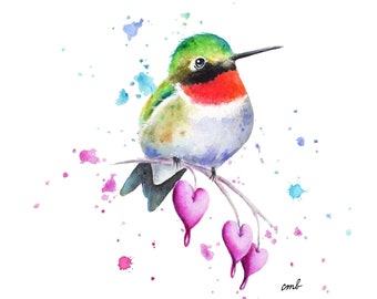 Hummingbird Watercolor Art Print: Bleeding Heart Wildflower Painting