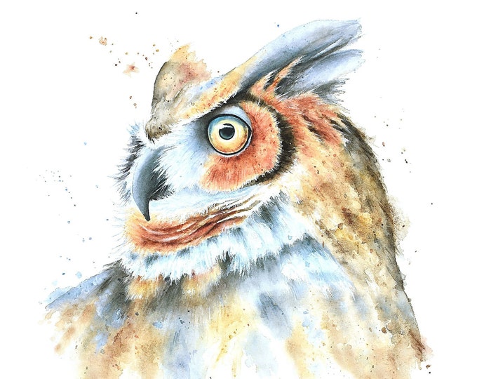 Great Horned Owl Print |Wildlife Nature Painting, Woodland Bird Watercolor, Nature Lover Decor, Forest Animal Watercolor, Wise Owl Wall Art