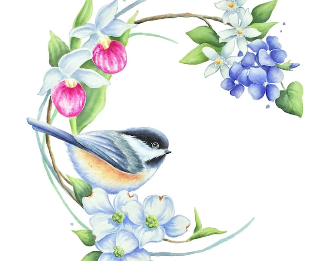 Spring Wreath Painting by Christy Barber |Chickadee and Dogwood Watercolor Print, Flowers Artwork, Bird Wall Art, Orange Blossoms, Violets
