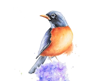 American Robin Watercolor Print | Flower Wall Art, Animal Wall Art, Bird Watercolor Painting, Spring Decor, Lilac Watercolor, Gardener Gift