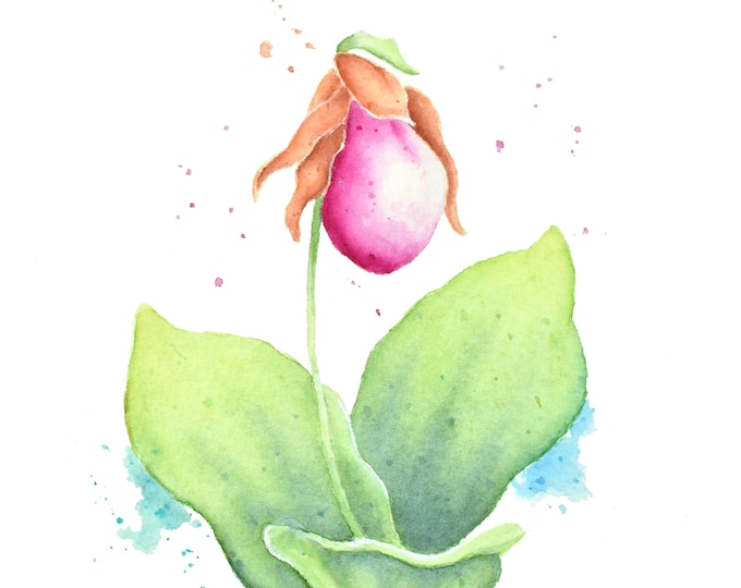 Pink Lady Slipper Original Watercolor Painting | Art Flower Painting, Wildflower, Original Painting Watercolor Study, Forest Orchid