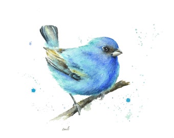 Indigo Bunting Watercolor Print | Animal Painting, Illustration, Art Gift, Bird Lovers Wall Decor, Bluebird Artwork, Blue Songbird, Gift