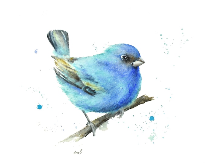 Indigo Bunting Watercolor Print | Animal Painting, Illustration, Art Gift, Bird Lovers Wall Decor, Bluebird Artwork, Blue Songbird, Gift