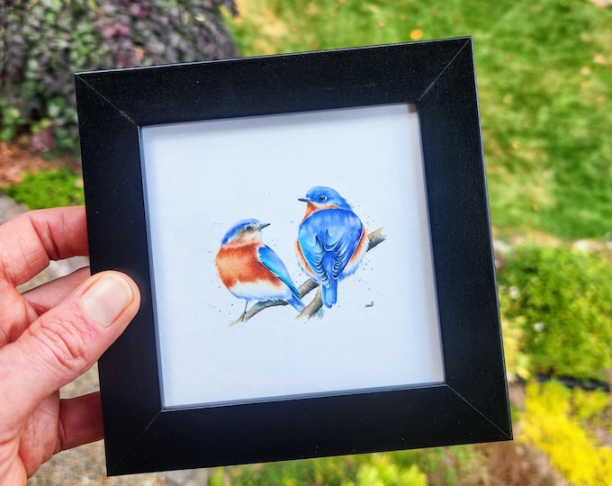 Framed Bluebird Couple Watercolor Painting by Christy Barber |Bluebird Print, Blue Bird Painting, Framed Valentine's Day Anniversary Gift