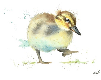 Baby Duck Watercolor Painting | Animal Wall Art Print, Yellow Duck, Whimsical Nursery Artwork, Baby Bird Children Decor, Baby Newborn Gift