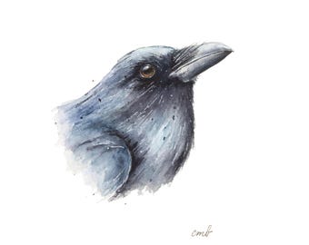 Original American Crow Study Watercolor by Christy Barber | Miniature Art, Bird Painting, Blackbird Artwork, Animal Art Wall Decor, Gift