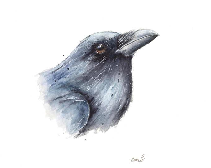 Original American Crow Study Watercolor by Christy Barber | Miniature Art, Bird Painting, Blackbird Artwork, Animal Art Wall Decor, Gift