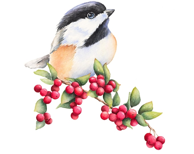 Chickadee on a  Red Berry Branch Watercolor Painting| Bird Painting, Animal Art Print, Christmas Wall Art Gift, Winter Nature Artwork Decor