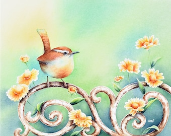Wren Watercolor Print: Bird on Gate, Flower Garden Art