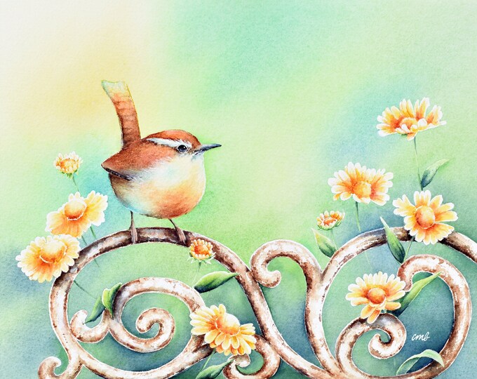 Wren Watercolor Painting- Wren in flower garden watercolor - Watercolor Print by Christy Barber- Bird lovers- Garden lovers- Gift