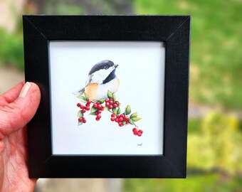Framed Chickadee Watercolor Print: Red Berry Branch, Winter Nature Art