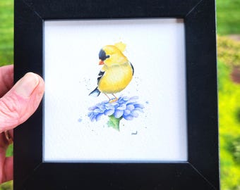 Framed American Goldfinch Watercolor Painting | Yellow Bird Print, Zinnias, Flower Wall Art Decor, Nature Artwork, Garden Scene, Friend Gift