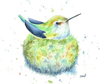 Hummingbird Nest Watercolor Print: Bird Nursery Wall Art
