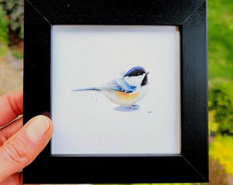 Framed Chickadee Watercolor Print: Songbird Illustration, Ready to Hang