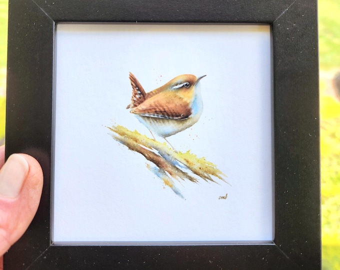 Framed Winter Wren Watercolor: Minimalist Warm Toned Print