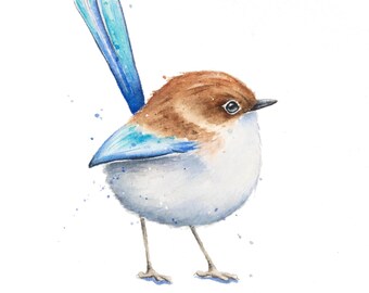 Original Superb Fairy Wren Watercolor by Christy Barber | Blue Wren Original Study, Wren Painting, Bird Art Decor, Miniature Animal Artwork