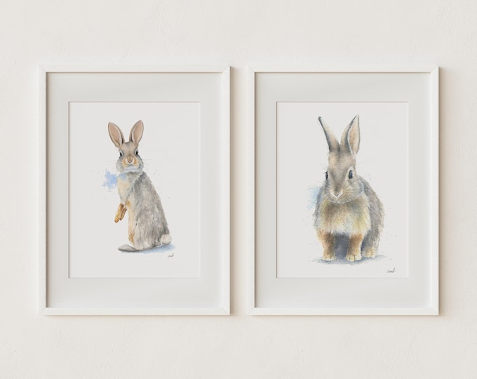 Set of Two Rabbit Prints | Hare Painting, Bunny Artwork, Woodland Animal Print Set, Nursery Wall Art Decor, Cottontail Paintings, Farmhouse
