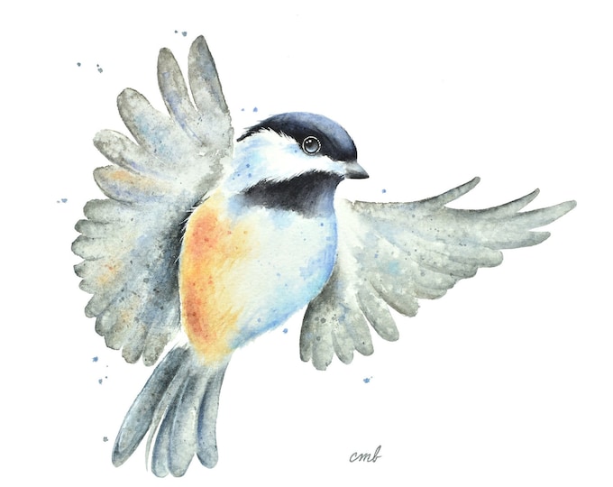 Flying Chickadee Watercolor Print by Christy Barber | Chickadee Painting, Bird Art Print, Bird Artwork Wall Decor, Miniature Square Art Gift