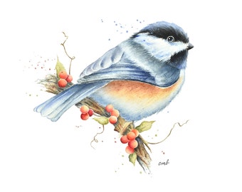 Chickadee on Winter Wreath Watercolor Painting| Chickadee Print, Bird Painting, Miniature Bird Art, Autumn Winter Wall Art Decor