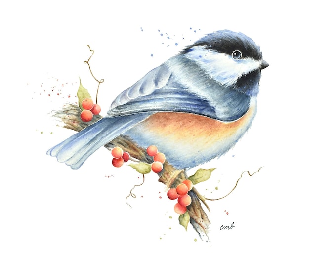 Chickadee on Winter Wreath Watercolor Painting| Chickadee Print, Bird Painting, Miniature Bird Art, Autumn Winter Wall Art Decor
