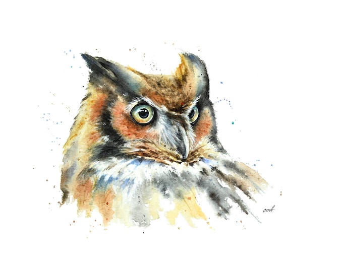Horned Owl Watercolor Painting by Christy Barber | Owl Print, Tiny Mini Owl Art, Bird Artwork Print, Bird Owl Home Mountain Decor, Animal