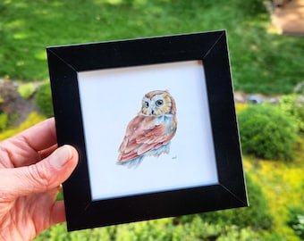 Framed Saw-whet Owl Watercolor Print: Nature-Inspired Wall Art