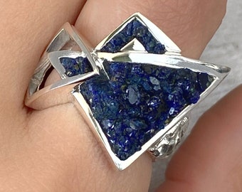 Druzy Azurite ring sterling silver, unique design ring, triangle ring Geometric ring, dark Blue stone ring Raw gemstone ring made in Armenia